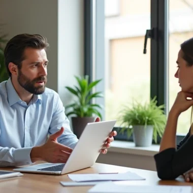 Profissional de vendas consultivas negociando com cliente em escritório moderno, com papéis e laptop na mesa
