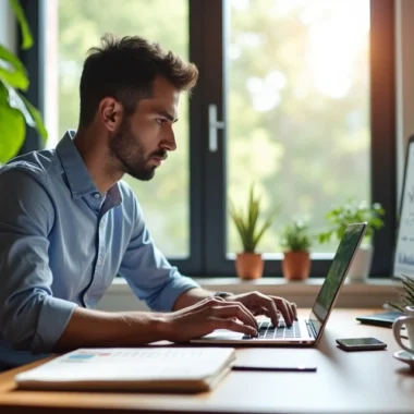 Profissional concentrado trabalhando remotamente com notebook e anotações em mesa organizada