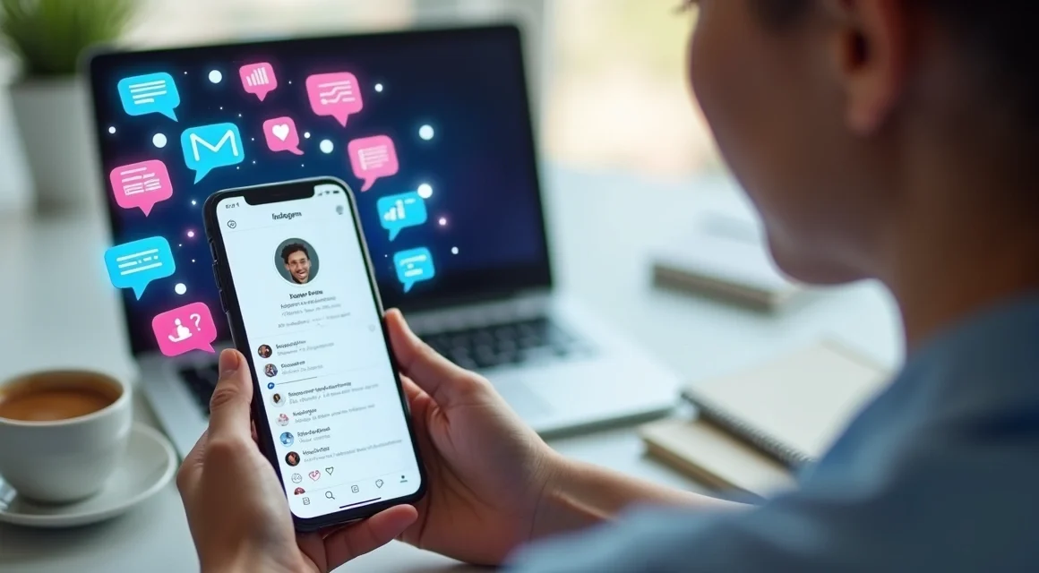 Pessoa analisando perfil do Instagram no smartphone com gráficos de crescimento e ícones de mensagem ao redor