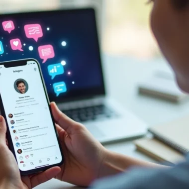 Pessoa analisando perfil do Instagram no smartphone com gráficos de crescimento e ícones de mensagem ao redor