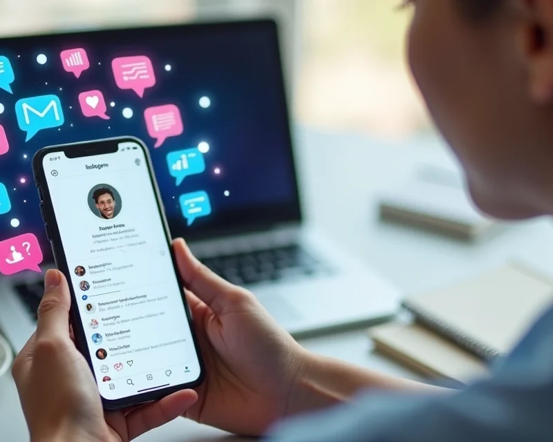 Pessoa analisando perfil do Instagram no smartphone com gráficos de crescimento e ícones de mensagem ao redor