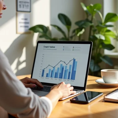 Mulher organizando rotina de trabalho remoto com laptop, caderno e smartphone em mesa iluminada