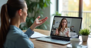 Profissional usando storytelling durante reunião online para venda consultiva