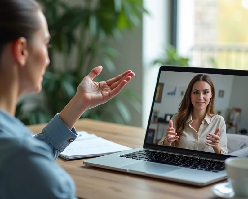 Profissional usando storytelling durante reunião online para venda consultiva