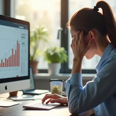 Mulher diante de computador frustrada com vendas online, tela mostra gráficos negativos e mensagens de erro, ambiente de escritório moderno e luz natural