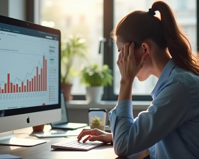 Mulher diante de computador frustrada com vendas online, tela mostra gráficos negativos e mensagens de erro, ambiente de escritório moderno e luz natural