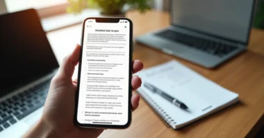 Pessoa segurando celular com scripts de vendas digitais na tela, mesa com caderno e laptop ao fundo