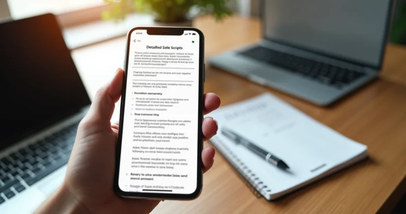 Pessoa segurando celular com scripts de vendas digitais na tela, mesa com caderno e laptop ao fundo