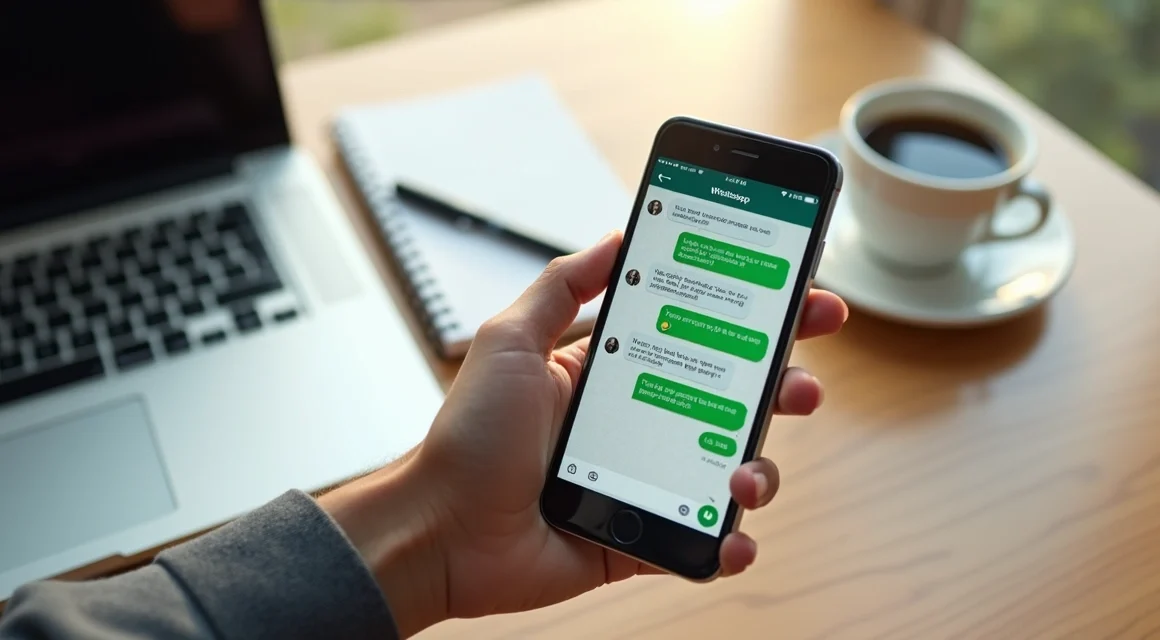 Pessoa segurando um celular com tela do WhatsApp aberta mostrando mensagem de vendas