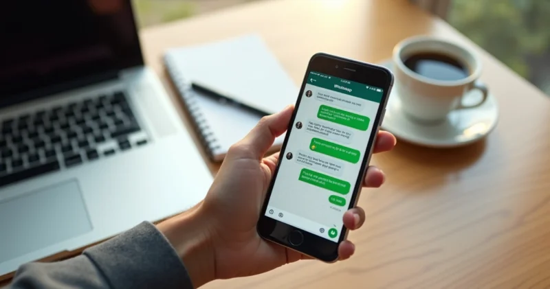Pessoa segurando um celular com tela do WhatsApp aberta mostrando mensagem de vendas