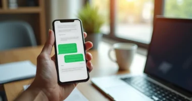 Pessoa segurando smartphone com conversa ativa no WhatsApp em ambiente de trabalho moderno