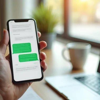 Pessoa segurando smartphone com conversa ativa no WhatsApp em ambiente de trabalho moderno