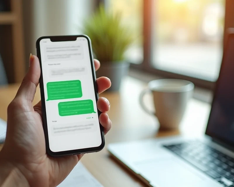 Pessoa segurando smartphone com conversa ativa no WhatsApp em ambiente de trabalho moderno