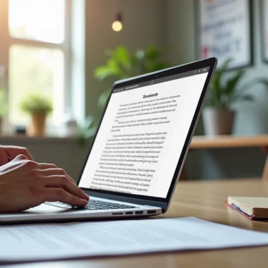 Profissional escrevendo textos de copywriting em laptop com anotações manuscritas e script pronto ao lado