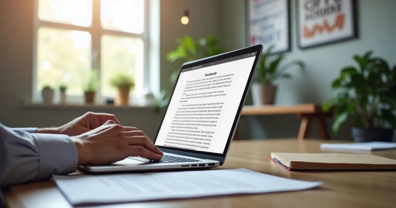 Profissional escrevendo textos de copywriting em laptop com anotações manuscritas e script pronto ao lado