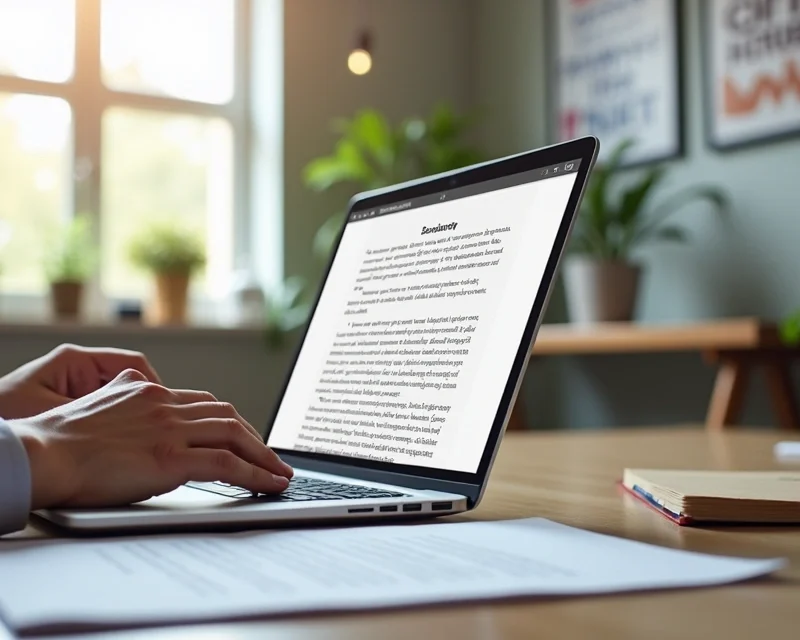 Profissional escrevendo textos de copywriting em laptop com anotações manuscritas e script pronto ao lado