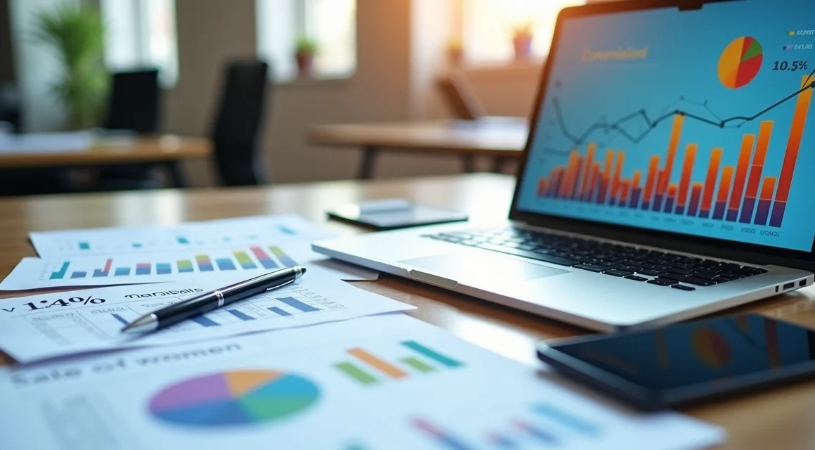 Mesa de escritório com papéis, planilhas e laptop aberto mostrando gráficos de vendas e comissão variável