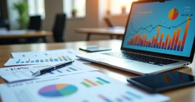 Mesa de escritório com papéis, planilhas e laptop aberto mostrando gráficos de vendas e comissão variável