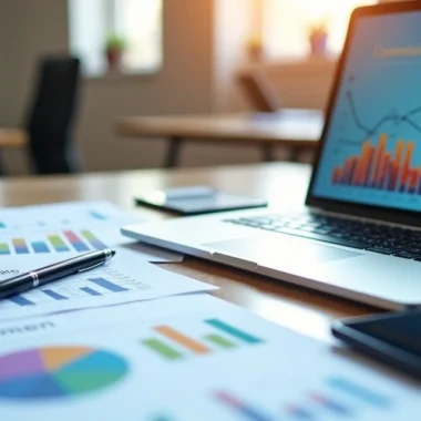 Mesa de escritório com papéis, planilhas e laptop aberto mostrando gráficos de vendas e comissão variável