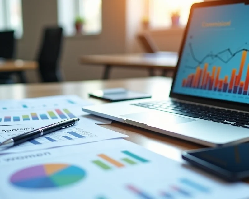 Mesa de escritório com papéis, planilhas e laptop aberto mostrando gráficos de vendas e comissão variável