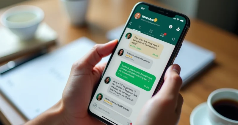 Tela de smartphone mostrando grupo ativo no WhatsApp com mensagens de prospecção e contatos qualificados