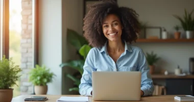 Mulher sorrindo segura um notebook em ambiente de trabalho remoto moderno com plantas e luz natural