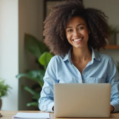 Mulher sorrindo segura um notebook em ambiente de trabalho remoto moderno com plantas e luz natural