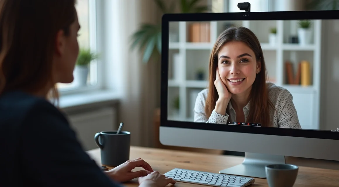 Pessoa fechando negócio em reunião virtual com múltiplas janelas de chamadas online e ícones de rede social ao redor