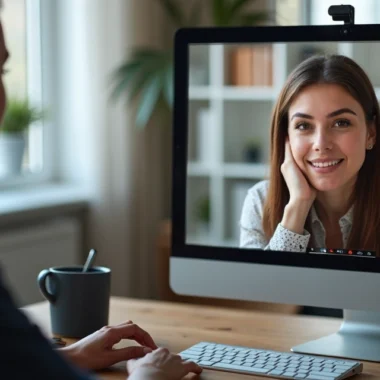 Pessoa fechando negócio em reunião virtual com múltiplas janelas de chamadas online e ícones de rede social ao redor