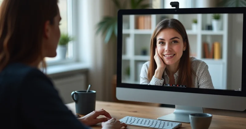 Pessoa fechando negócio em reunião virtual com múltiplas janelas de chamadas online e ícones de rede social ao redor