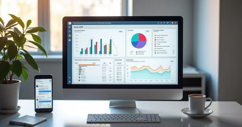 Tela de computador mostrando dashboard de CRM grátis com gráficos e organização de vendas