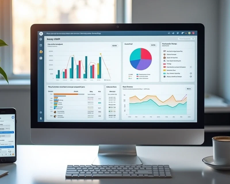 Tela de computador mostrando dashboard de CRM grátis com gráficos e organização de vendas