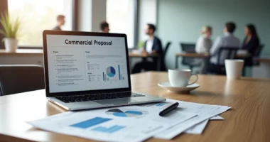 Mesa de reunião com laptop, documentos e caneta, mostrando proposta comercial detalhada e profissional