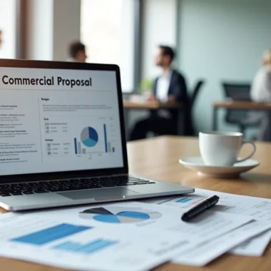 Mesa de reunião com laptop, documentos e caneta, mostrando proposta comercial detalhada e profissional