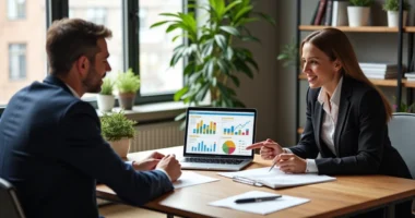 Pessoa negociando valor em reunião de vendas consultivas com gráficos e anotações em laptop