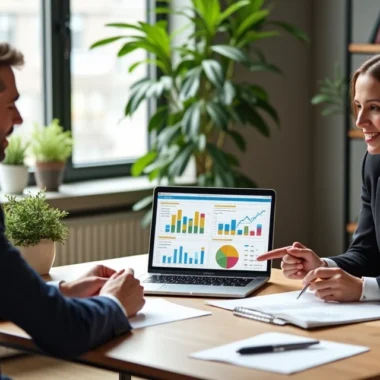 Pessoa negociando valor em reunião de vendas consultivas com gráficos e anotações em laptop