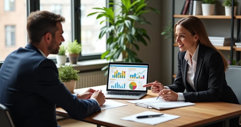 Pessoa negociando valor em reunião de vendas consultivas com gráficos e anotações em laptop