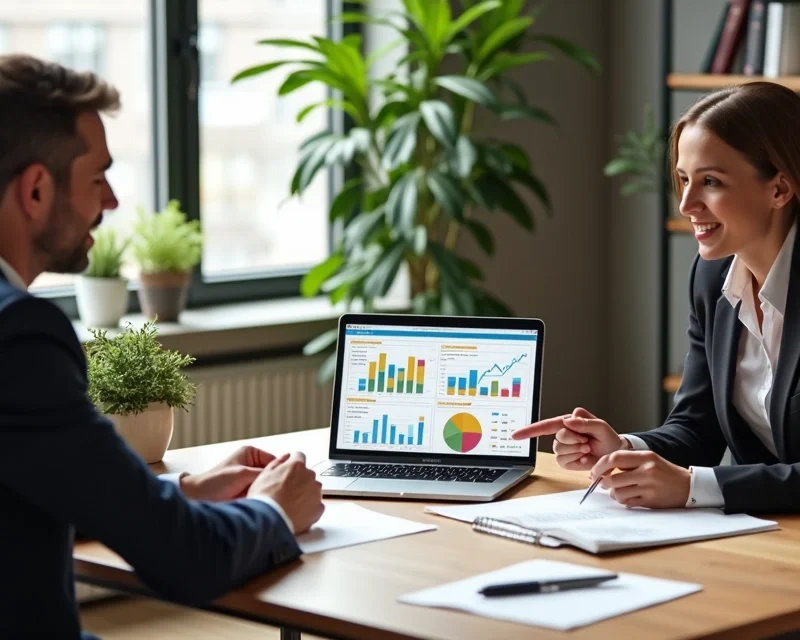 Pessoa negociando valor em reunião de vendas consultivas com gráficos e anotações em laptop