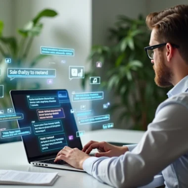 Pessoa usando notebook para conversa de vendas online com elementos visuais de gatilhos mentais na tela
