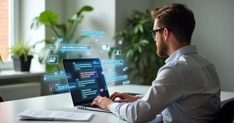 Pessoa usando notebook para conversa de vendas online com elementos visuais de gatilhos mentais na tela