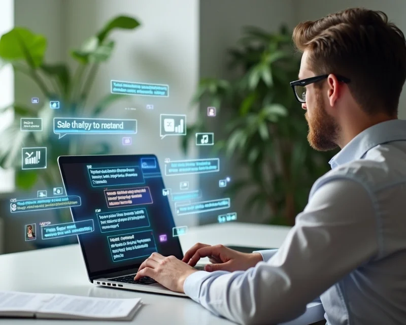 Pessoa usando notebook para conversa de vendas online com elementos visuais de gatilhos mentais na tela