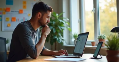 Pessoa em frente ao computador com expressão concentrada, lidando com rejeição em vendas online, ambiente de trabalho digital com notas adesivas e gráficos na parede