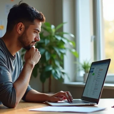 Pessoa em frente ao computador com expressão concentrada, lidando com rejeição em vendas online, ambiente de trabalho digital com notas adesivas e gráficos na parede