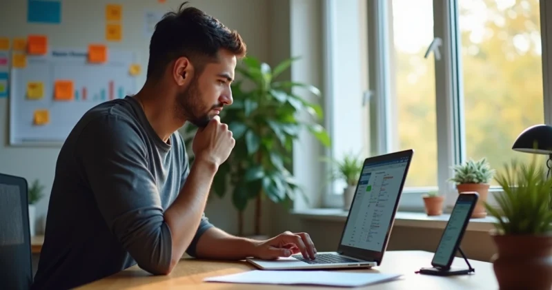 Pessoa em frente ao computador com expressão concentrada, lidando com rejeição em vendas online, ambiente de trabalho digital com notas adesivas e gráficos na parede