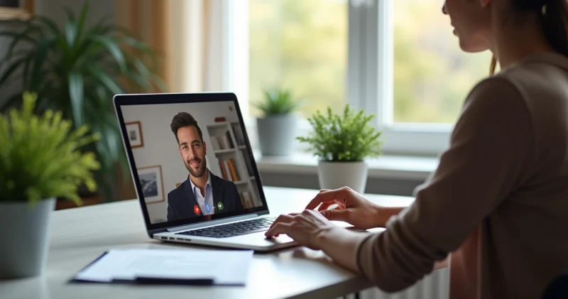 Pessoa fechando contrato por vídeo-chamada em ambiente moderno e iluminado