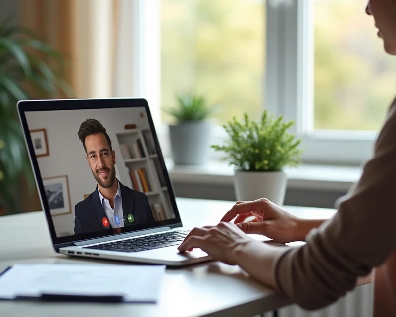 Pessoa fechando contrato por vídeo-chamada em ambiente moderno e iluminado