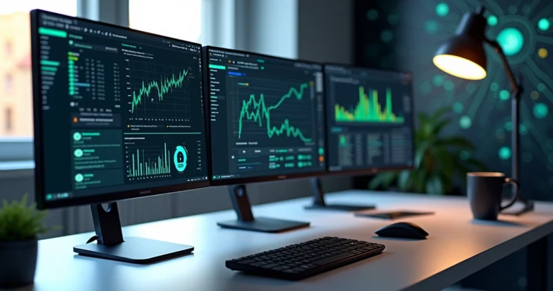 Mesa de trabalho com múltiplas telas exibindo gráficos de vendas, automação e mensagens de WhatsApp