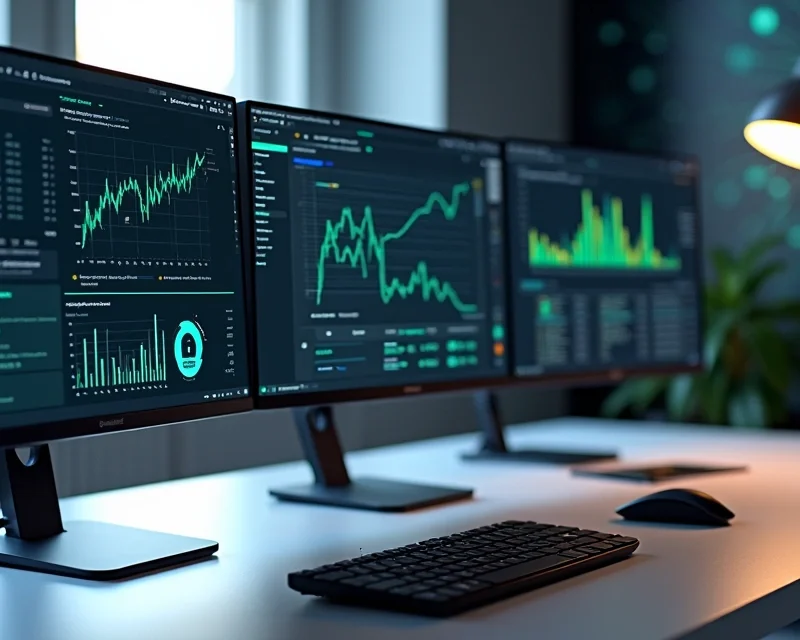 Mesa de trabalho com múltiplas telas exibindo gráficos de vendas, automação e mensagens de WhatsApp