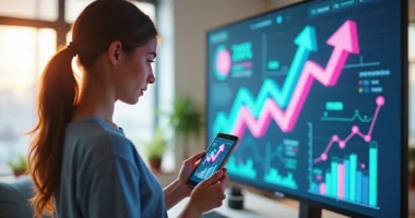 Pessoa segurando smartphone mostrando aplicativo TikTok com gráficos de vendas em segundo plano digital