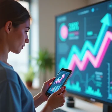 Pessoa segurando smartphone mostrando aplicativo TikTok com gráficos de vendas em segundo plano digital